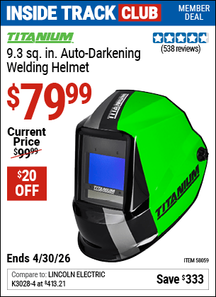 Harbor Freight Coupons, HF Coupons, 20% off - TITANIUM 9.3 sq. in. Auto Darkening Welding Helmet 