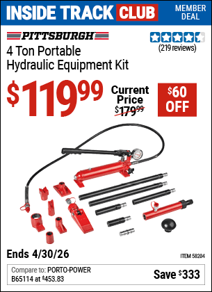 Harbor Freight Coupons, HF Coupons, 20% off - PITTSBURGH 4 Ton Portable Hydraulic Equipment Kit for $119.99