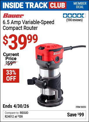 Harbor Freight Coupons, HF Coupons, 20% off - BAUER 1-1/4 HP 1/4 in. Variable Speed Compact Router 