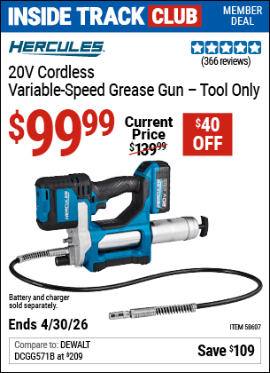 Harbor Freight Coupons, HF Coupons, 20% off - HERCULES 20V Cordless Variable Speed Grease Gun 