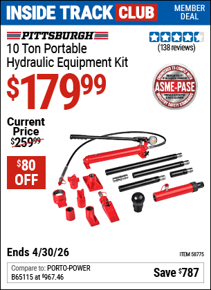 Harbor Freight Coupons, HF Coupons, 20% off - PITTSBURGH 10 Ton Portable Hydraulic Equipment Kit 
