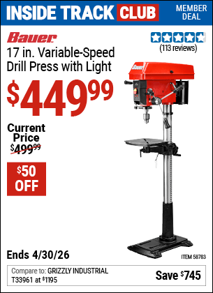 Harbor Freight Coupons, HF Coupons, 20% off - BAUER 17 in. Variable-Speed Drill Press with Light 