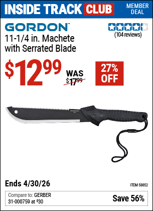 Harbor Freight Coupons, HF Coupons, 20% off - GORDON 11-1/4 in. Machete with Serrated Blade for $14.99
