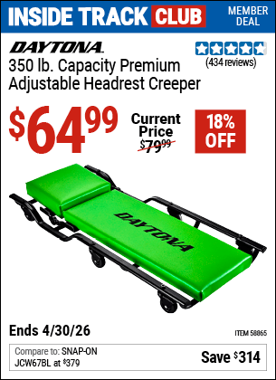 Harbor Freight Coupons, HF Coupons, 20% off - DAYTONA 350 lb capacity Premium Adjustable Headrest Creeper 