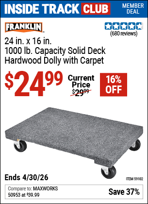 Harbor Freight Coupons, HF Coupons, 20% off - FRANKLIN 24 in. x 16 in. 1000 lb. Capacity Solid Deck Hardwood Dolly with Carpet 