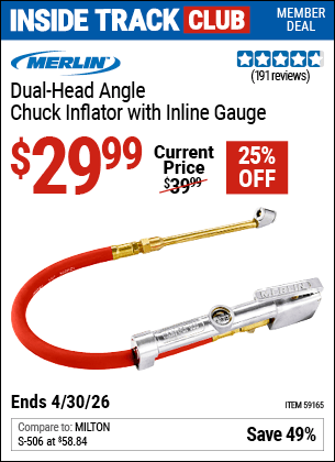 Harbor Freight Coupons, HF Coupons, 20% off - MERLIN Dual Head Angle Chuck Inflator with Inline Gauge for $29.99