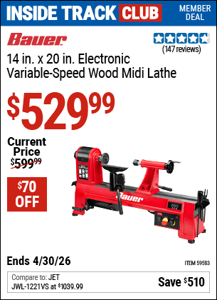 Harbor Freight Coupons, HF Coupons, 20% off - BAUER 14 in. x 20 in. Electronic Variable-Speed Wood Midi Lathe 