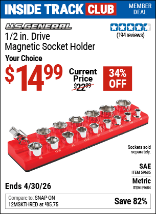 Harbor Freight Coupons, HF Coupons, 20% off - U.S. GENERAL 1/2 in. Drive Magnetic Socket Holder for $14.99