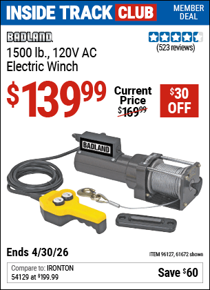 Harbor Freight Coupons, HF Coupons, 20% off - 1500 Lb. Capacity 120 Volt Ac Electric Winch