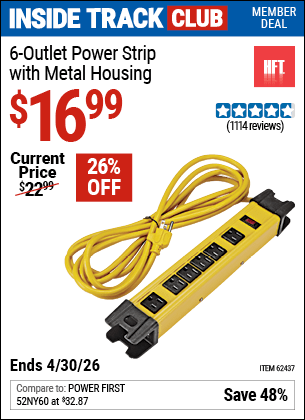 Harbor Freight Coupons, HF Coupons, 20% off - 6 Outlet Heavy Duty Power Strip With Metal Housing