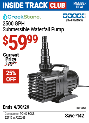 Harbor Freight Coupons, HF Coupons, 20% off - 2500 Gph Submersible Waterfall Pump