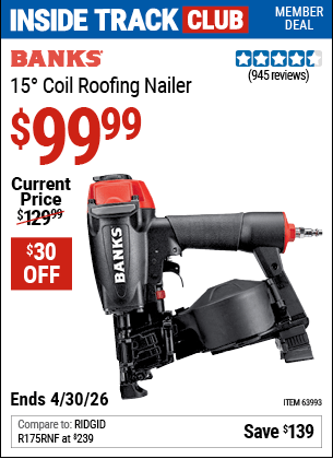 Harbor Freight Coupons, HF Coupons, 20% off - Banks 15deg. Coil Roofing Nailer