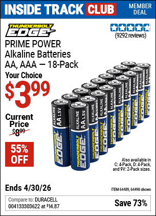 Harbor Freight Coupons, HF Coupons, 20% off - Thunderbolt Edge Alkaline Plus Batteries, Aa, Aaa - 18pk