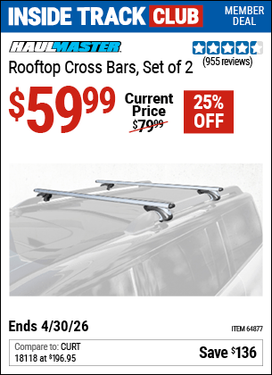 Harbor Freight Coupons, HF Coupons, 20% off - Universal Roof Cross Bars Set Of 2
