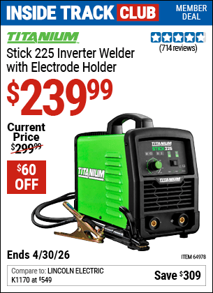 Harbor Freight Coupons, HF Coupons, 20% off - Titanium Stick 225 Inverter Welder With Electrode Holder