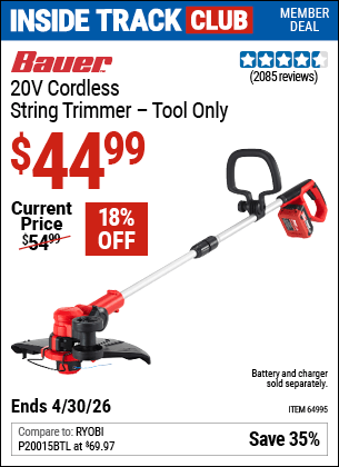 Harbor Freight Coupons, HF Coupons, 20% off - BAUER 20V Hypermax Lithium Cordless String Trimmer for $39.99