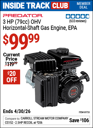 Harbor Freight Coupons, HF Coupons, 20% off - 3 Hp (79 Cc) Ohv Horizontal Shaft Gas Engine
