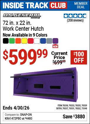 Harbor Freight Coupons, HF Coupons, 20% off - U.S. GENERAL 72 in. x 22 in. Work Center Hutch, Series 3 for $599.99
