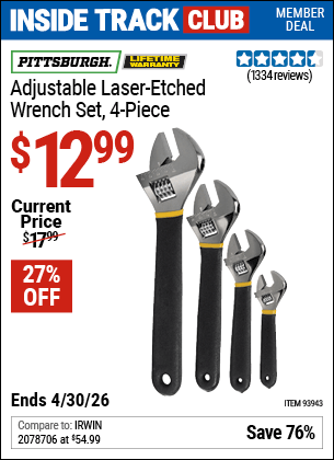 Harbor Freight Coupons, HF Coupons, 20% off - 4 Piece Laser Etched Adjustable Wrench Set