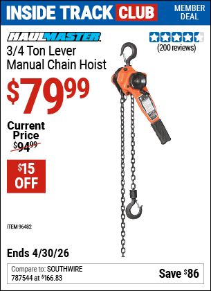 Harbor Freight Coupons, HF Coupons, 20% off - 3/4 ton Lever Manual Chain Hoist