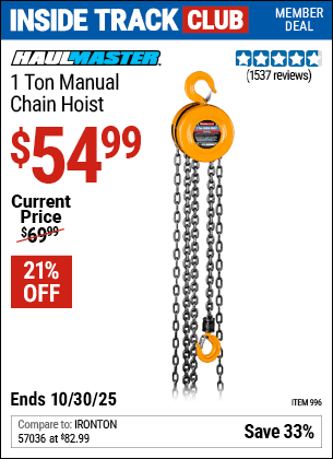 Harbor Freight Coupons, HF Coupons, 20% off - HAUL-MASTER 1 Ton Manual Chain Hoist for $49.99