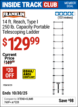 Harbor Freight Coupons, HF Coupons, 20% off - FRANKLIN Portable 14 Ft. Telescoping Ladder for $99.99