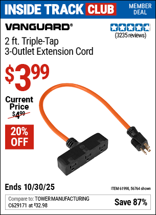 Harbor Freight Coupons, HF Coupons, 20% off - Vanguard 2 ft. Triple Tap 3-Outlet Extension Cord for $3.99