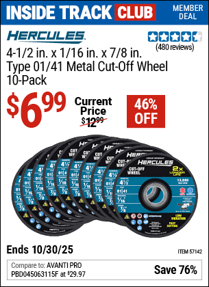 Harbor Freight Coupons, HF Coupons, 20% off - 4-1/2 in. x 1/16 in. x 7/8 in. Type 01/41 Metal Cut-off Wheel 10 Pk.