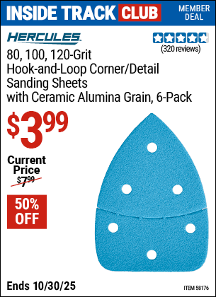 Harbor Freight Coupons, HF Coupons, 20% off - HERCULES 80/100/120 Grit Hook and Loop Corner/Detail Sanding Sheets for $3.99