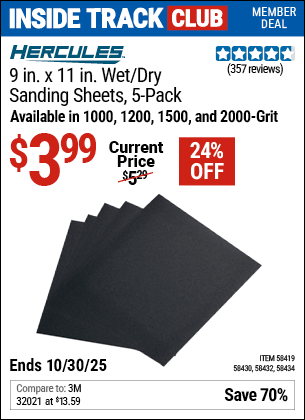 Harbor Freight Coupons, HF Coupons, 20% off - HERCULES 9 in. x 11 in. 1000 Grit Wet/Dry Sanding Sheets with Aluminum oxide Grain, 5-Pack for $2.99