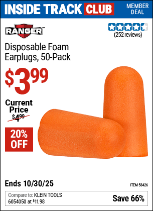 Harbor Freight Coupons, HF Coupons, 20% off - RANGER Disposable Foam Ear Plugs 50 Pk. for $3.99