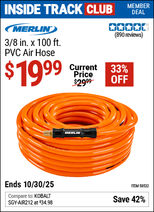 Harbor Freight Coupons, HF Coupons, 20% off - MERLIN 3/8 in. x 100 ft. PVC Air Hose for $19.99