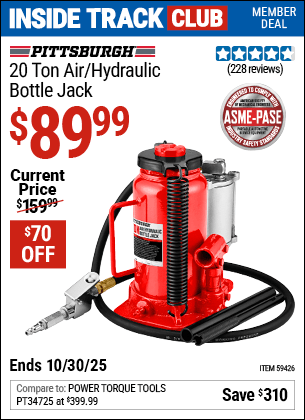 Harbor Freight Coupons, HF Coupons, 20% off - PITTSBURGH 20 ton Air/Hydraulic Bottle Jack for $99.99