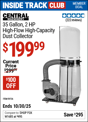 Harbor Freight Coupons, HF Coupons, 20% off - CENTRAL MACHINERY 35 Gallon, 2 HP High-Flow High-Capacity Dust Collector for $199.99