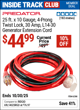 Harbor Freight Coupons, HF Coupons, 20% off - 25 Ft. X 10 Gauge Generator Duty Twist Lock Extension Cord