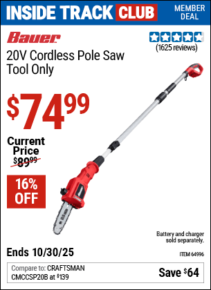 Harbor Freight Coupons, HF Coupons, 20% off - BAUER 20v Hypermax Lithium Cordless Pole Saw - Tool Only