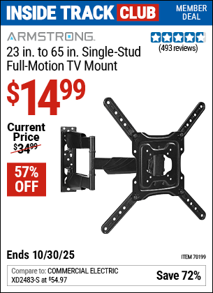 Harbor Freight Coupons, HF Coupons, 20% off - ARMSTRONG 23 in. to 65 in. Single-Stud Full-Motion TV Mount for $29.99