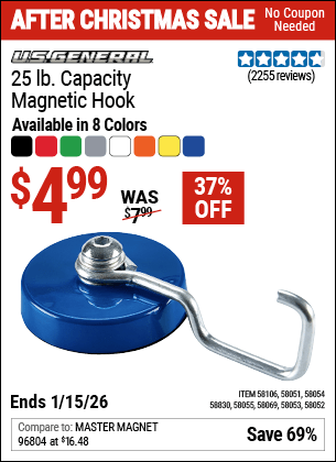 Harbor Freight Coupons, HF Coupons, 20% off - U.S. GENERAL 25 lb. Magnetic Hook for $4.99