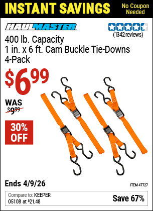 Harbor Freight Coupons, HF Coupons, 20% off - 400 Lb. Capacity 6 Ft. X 1 In. Cam Buckle Tie Downs, 4 Pk.