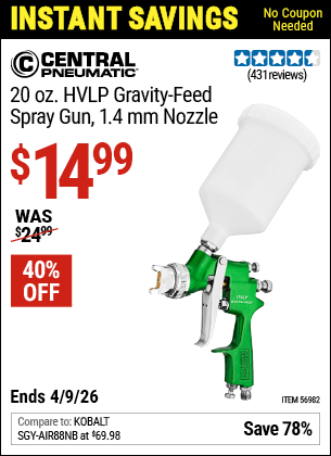 Harbor Freight Coupons, HF Coupons, 20% off - 20 oz. HVLP Gravity Feed Spray Gun