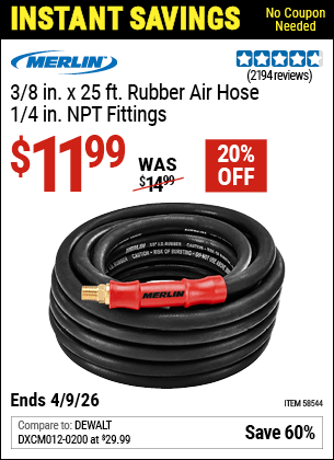 Harbor Freight Coupons, HF Coupons, 20% off - MERLIN 3/8 in. x 25 ft. Rubber Air Hose for $11.99