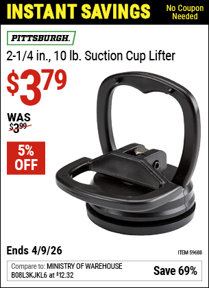 Harbor Freight Coupons, HF Coupons, 20% off - PITTSBURGH 2-1/4 in., 15 lb. Suction Cup Lifter for $1.49