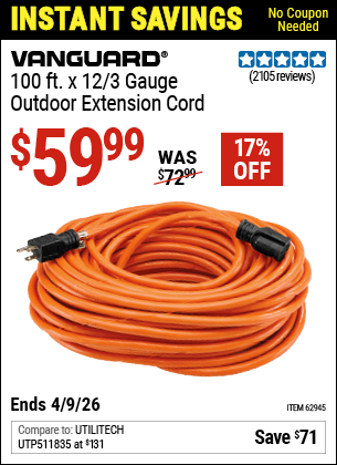 Harbor Freight Coupons, HF Coupons, 20% off - Vanguard 100 Ft. X 12 Gauge Indoor/outdoor Extension Cord