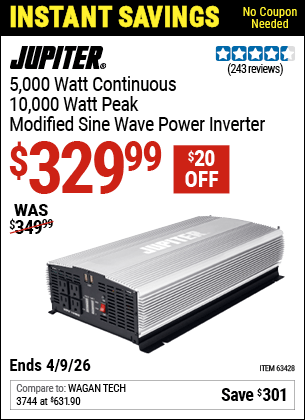 Harbor Freight Coupons, HF Coupons, 20% off - JUPITER 5000 Watt Continuous/10000 Watt Peak Modified Sine Wave Power Inverter for $359.99