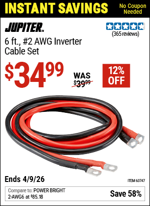 Harbor Freight Coupons, HF Coupons, 20% off - JUPITER 6 ft. Inverter Cable Set for $34.99