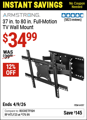 Harbor Freight Coupons, HF Coupons, 20% off - ARMSTRONG 37 in. to 80 in. Full-Motion TV Wall Mount for $39.99