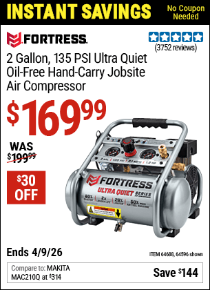 Harbor Freight Coupons, HF Coupons, 20% off - Fortress 2 Gallon, 1.2 Hp, 135 Psi Ultra-quiet, Oil-free Professional Air Compressor