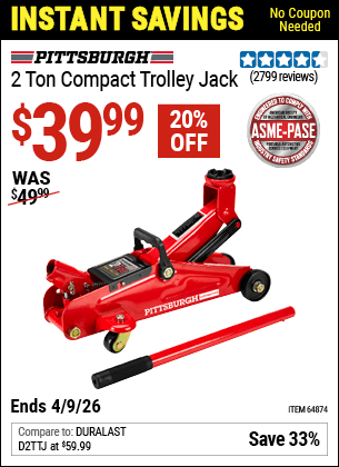 Harbor Freight Coupons, HF Coupons, 20% off - PITTSBURGH AUTOMOTIVE 2 ton Compact Trolley Jack for $24.99