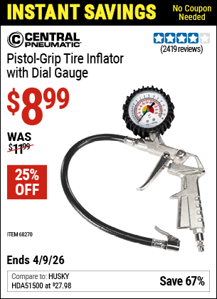 Harbor Freight Coupons, HF Coupons, 20% off - Pistol Grip Tire Inflator With Gauge