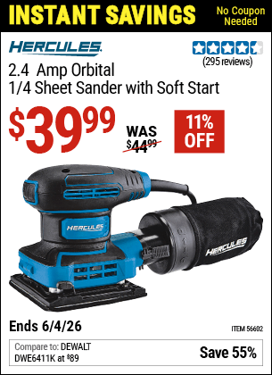 Harbor Freight Coupons, HF Coupons, 20% off - 2.4 Amp Corded 1/4 Sheet Palm Finishing Sander